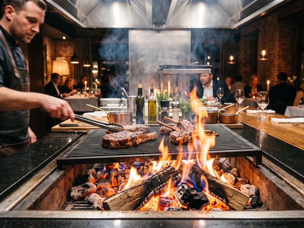 Cocina de restaurante preparando carnes a la parrilla