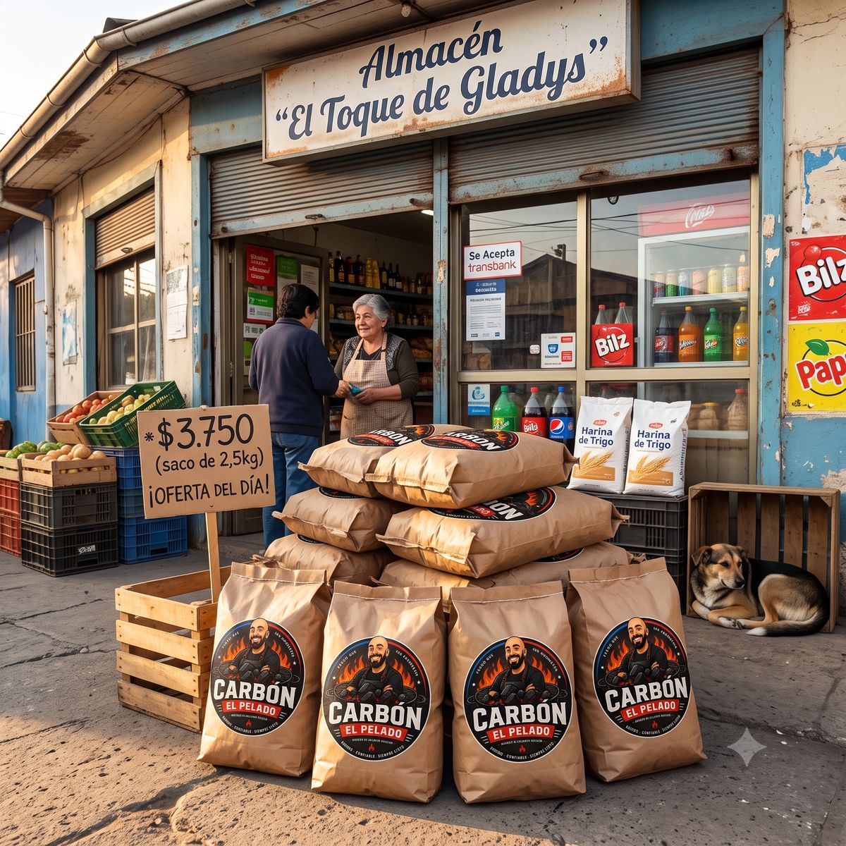 Almacén de barrio vendiendo carbón El Pelado