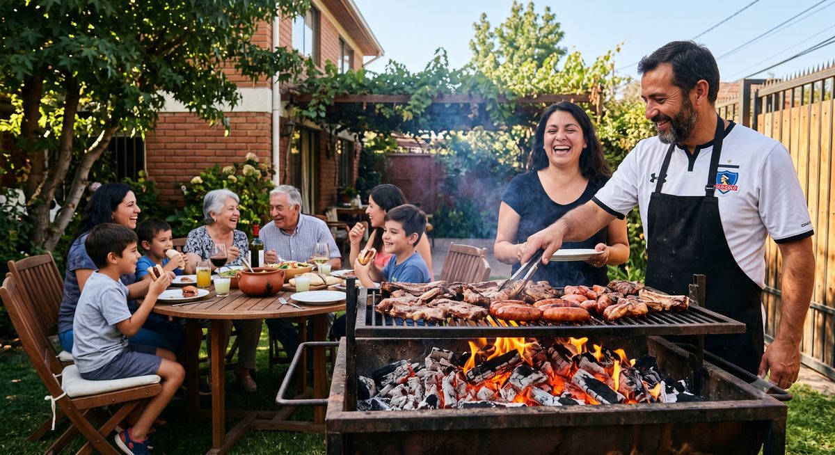 Familia chilena reunida en un asado junto al fuego