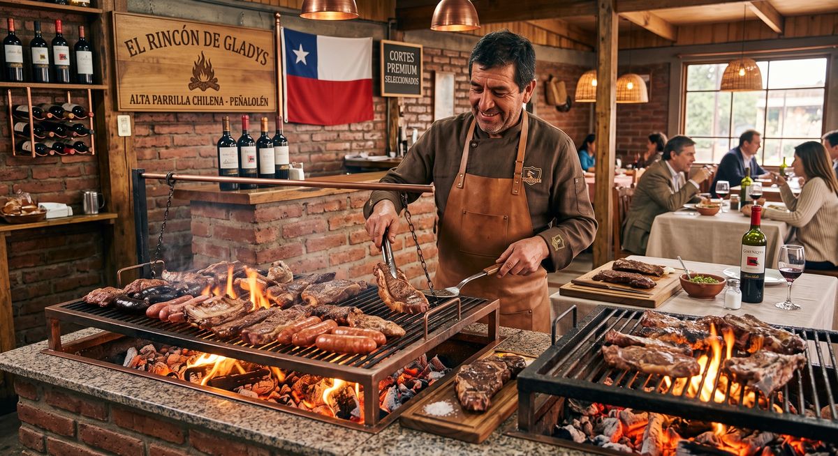 Parrillero preparando cortes premium a la parrilla