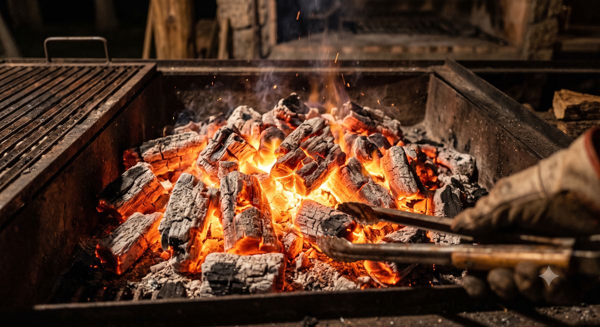 Brasas de carbón encendidas listas para cocinar