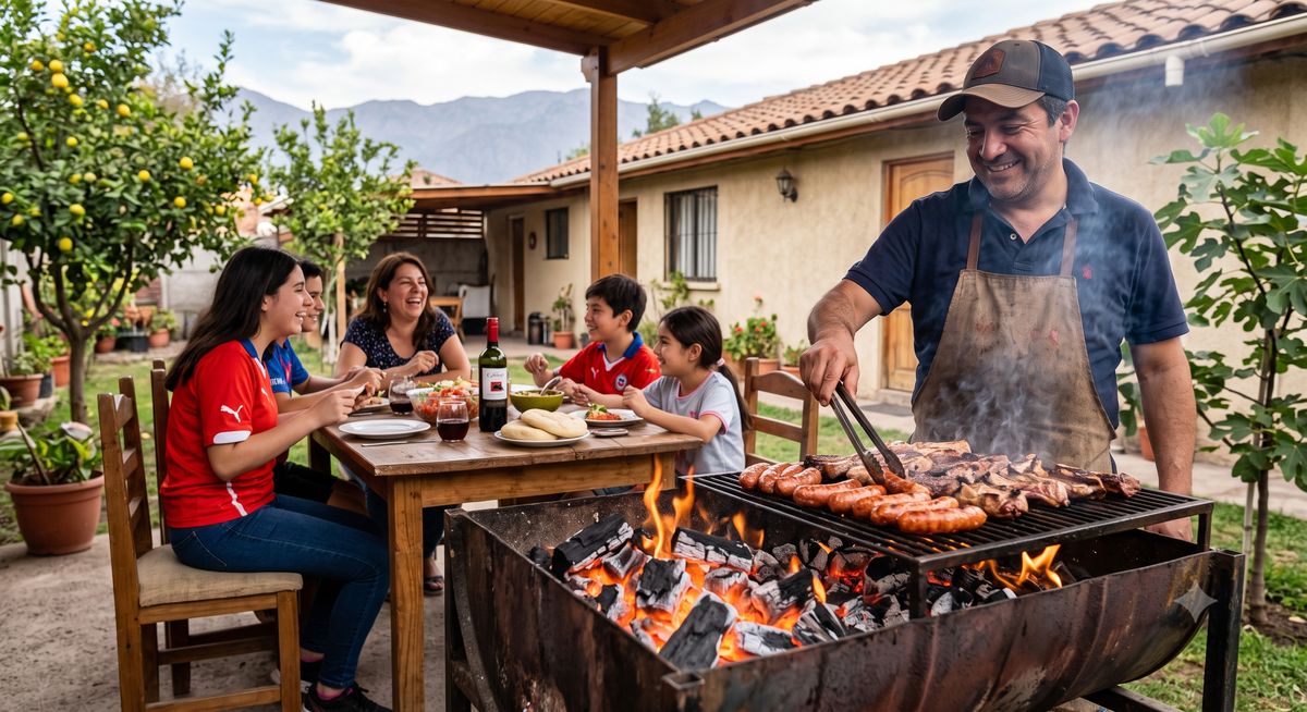 Familia chilena reunida junto a la parrilla y las brasas de carbón