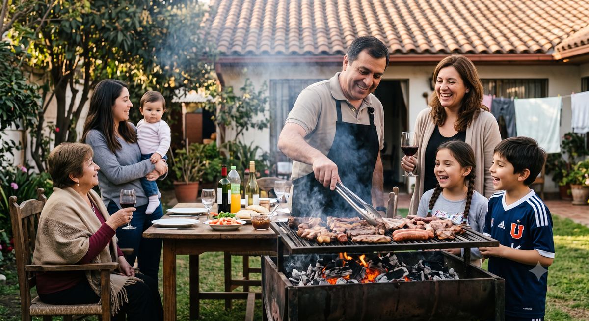 Familia chilena asando junto al fuego